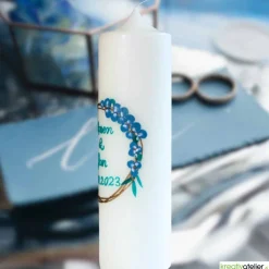 Hochzeitskerze in Elfenbein mit goldenen Ringen und Eukalyptus, personalisierbar, edle Hochzeitsdeko