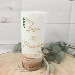 Hochzeitskerze mit echtem Holz mit/ohne Teelichteinsatz, Blätter Gold-Grün