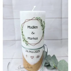 Hochzeitskerze mit echtem Holz mit/ohne Teelichteinsatz -Geometric Style- grün-braun