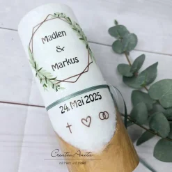Hochzeitskerze mit echtem Holz mit/ohne Teelichteinsatz -Geometric Style- grün-braun