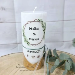 Hochzeitskerze mit echtem Holz mit/ohne Teelichteinsatz -Geometric Style- grün-braun