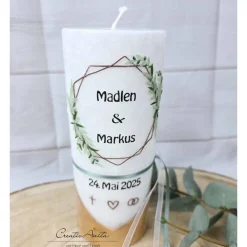 Hochzeitskerze mit echtem Holz mit/ohne Teelichteinsatz -Geometric Style- grün-braun