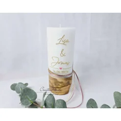 Hochzeitskerze mit echtem Holz mit/ohne Teelichteinsatz, GOLD - ALTROSA