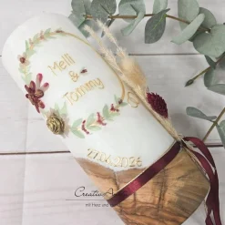 Hochzeitskerze mit echtem Holz und Teelichteinsatz, Blumen Gold-Bordeaux