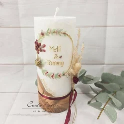 Hochzeitskerze mit echtem Holz und Teelichteinsatz, Blumen Gold-Bordeaux
