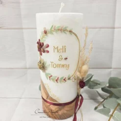 Hochzeitskerze mit echtem Holz und Teelichteinsatz, Blumen Gold-Bordeaux