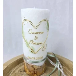 Hochzeitskerze mit echtem Holz und Teelichteinsatz, Geometric Heart