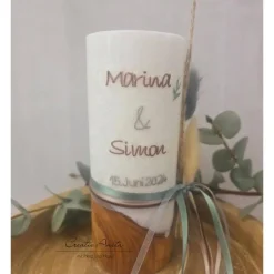 Hochzeitskerze mit echtem Holz mit/ohne Teelichteinsatz, Braun-Taupe-Blau