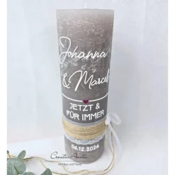 Hochzeitskerze mit/ohne Teelichteinsatz in taupe-beere HERZERL - Personalisiert