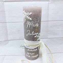 Hochzeitskerze mit/ohne Teelichteinsatz in taupe-creme-gold mit Blätter - Personalisiert
