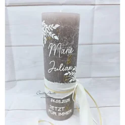 Hochzeitskerze mit/ohne Teelichteinsatz in taupe-creme-gold mit Blätter - Personalisiert