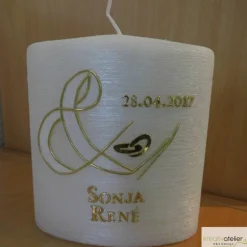 Hochzeitskerze oval mit Perlmutt-Oberfläche und „&“-Symbol, personalisierbar, edle Hochzeitsdeko