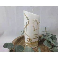 Hochzeitskerze Perlmutt geriffelt - Ellipse abgeschrägt mit modernem Herz in GOLD