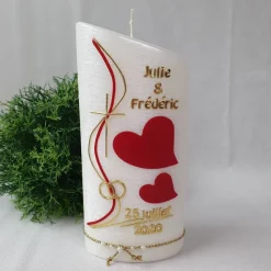 Hochzeitskerze Perlmutt geriffelt - Ellipse abgeschrägt mit Herzen - ROT