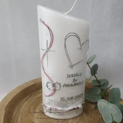 Hochzeitskerze Perlmutt geriffelt - Ellipse abgeschrägt mit Herzen -ALTROSA LINE-
