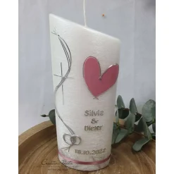 Hochzeitskerze Perlmutt geriffelt - Ellipse abgeschrägt mit Herzen - ALTROSA - Gold oder Silber