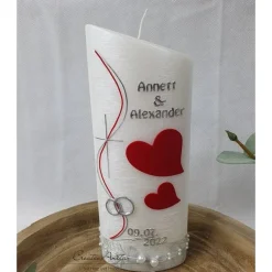 Hochzeitskerze Perlmutt geriffelt - Ellipse abgeschrägt mit Herzen - ROT-SILBER