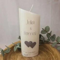 Hochzeitskerze Perlmutt geriffelt - Ellipse abgeschrägt mit Herzen - SILBER