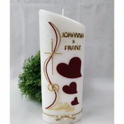 Hochzeitskerze Perlmutt geriffelt - Ellipse abgeschrägt mit Herzen - dunkles BORDEAUX-GOLD