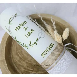 Hochzeitskerze Rustik - mit Blütenkreis silber, taupe und olive - FILIGRAN - mit/ohne Teelichteinsatz