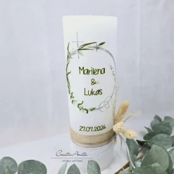 Hochzeitskerze Rustik - mit Blütenkreis silber, taupe und olive - FILIGRAN - mit/ohne Teelichteinsatz