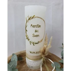 Hochzeitskerze Rustik - mit Blütenkreis gold, taupe und olive - FILIGRAN - mit/ohne Teelichteinsatz