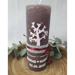 Hochzeitskerze Rustik braun mit Baum in weiß-bordeaux-gold mit/ohne Teelichteinsatz