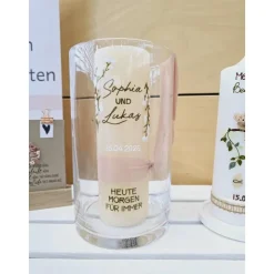 Hochzeitskerze Rustik creme groß - wahlweise mit/ohne Teelichteinsatz - mit Blumen in olive, weiß, rose