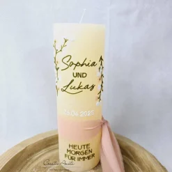 Hochzeitskerze Rustik creme groß - wahlweise mit/ohne Teelichteinsatz - mit Blumen in olive, weiß, rose