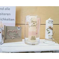 Hochzeitskerze Rustik creme groß - wahlweise mit/ohne Teelichteinsatz - mit Blumen in olive, weiß, rose