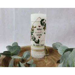 Hochzeitskerze Rustik grau mit Teelichteinsatz - Vintage Blätterkranz - Gold-Grün-Salbei-Eukalypthus-Natur