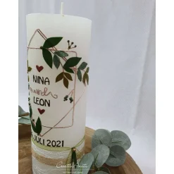 Hochzeitskerze Rustik grau mit Teelichteinsatz - Vintage Blätterkranz - Gold-Grün-Salbei-Eukalypthus-Natur