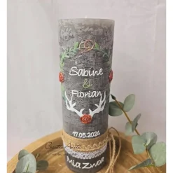 Hochzeitskerze Rustik grau mit Teelichteinsatz - Vintage Blätterkranz - Hirschgeweih Roségold