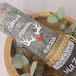 Hochzeitskerze Rustik grau mit Teelichteinsatz - Vintage Blätterkranz - Hirschgeweih Roségold