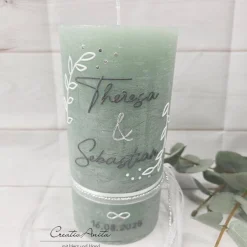 Hochzeitskerze Rustik mit/ohne Teelichteinsatz eukalypthus groß - Anthrazit & Silber, Blätter