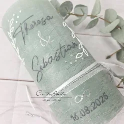 Hochzeitskerze Rustik mit/ohne Teelichteinsatz eukalypthus groß - Anthrazit & Silber, Blätter