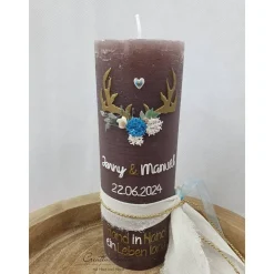 Hochzeitskerze Rustik schlamm mit Hirschgeweih und Blüten mit/ohne Teelichteinsatz