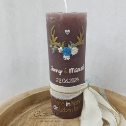 Hochzeitskerze Rustik schlamm mit Hirschgeweih und Blüten mit/ohne Teelichteinsatz