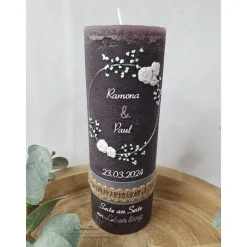 Hochzeitskerze Rustik schlamm - Edler zarter Blütenkreis weiß-silber mit/ohne Teelichteinsatz