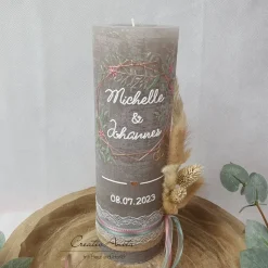 Hochzeitskerze Rustik taupe groß mit/ohne Teelichteinsatz - Geometric Rosegold zart Eukalypthus