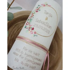 Hochzeitskerze Rustik weiß - zarte Blümchen altrosa-bordeaux mit/ohne Teelichteinsatz