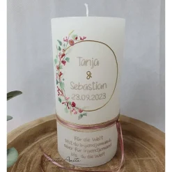 Hochzeitskerze Rustik weiß - zarte Blümchen altrosa-bordeaux mit/ohne Teelichteinsatz