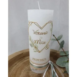 Hochzeitskerze Rustik weiß - Herz Geometric mit zarten Blättern - gold-eukalypthus mit/ohne Teelichteinsatz