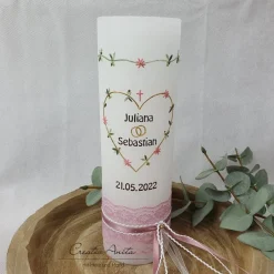 Hochzeitskerze Rustik weiß mit/ohne Teelichteinsatz - Blätterkranz in Herzform- Gold-Grün-Eukalypthus-Altrosa