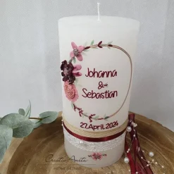 Hochzeitskerze Rustik weiß groß - mit Blütenkreis roségold, bordeaux, altrosa mit/ohne Teelichteinsatz