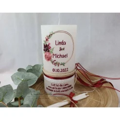 Hochzeitskerze Rustik weiß groß - mit Blütenkreis roségold, bordeaux, altrosa mit/ohne Teelichteinsatz