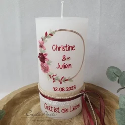Hochzeitskerze Rustik weiß groß - mit Blütenkreis roségold, bordeaux, altrosa mit/ohne Teelichteinsatz