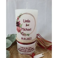 Hochzeitskerze Rustik weiß groß - mit Blütenkreis roségold, bordeaux, altrosa mit/ohne Teelichteinsatz