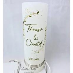 Hochzeitskerze Rustik weiß XXL mit Teelichteinsatz - Blätterranken olive-eukalyphtus