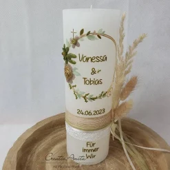 Hochzeitskerze Rustik weiß groß mit/ohne Teelichteinsatz - mit Blütenkreis gold, taupe und olive